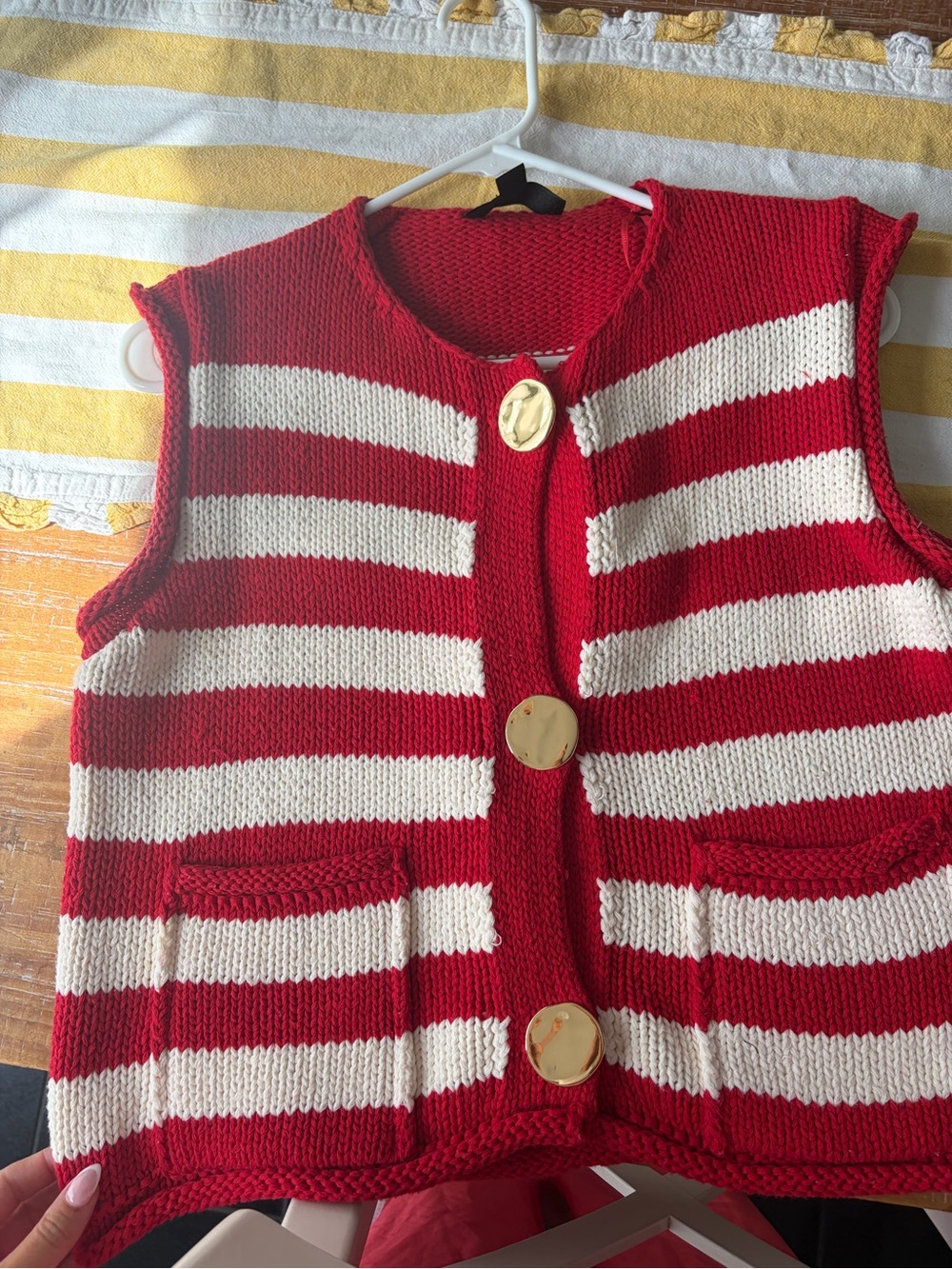 Zara Red and White Striped Knit Cardigan Vest with Gold Buttons